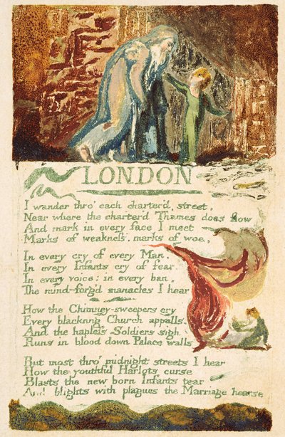 「ロンドン」、「Songs of Experience」からのプレート38、1794（WCによるカラー印刷エッチング） 作： William Blake